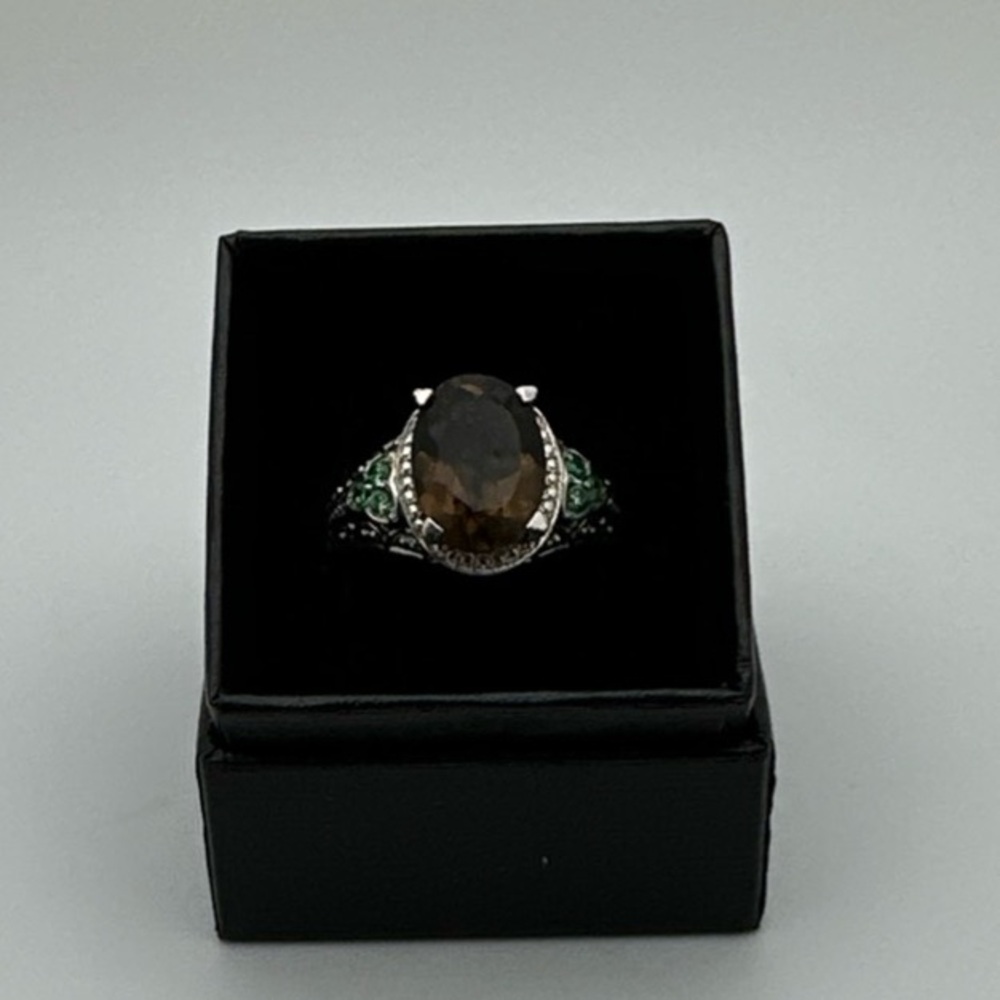 925 Sterling Silver Ring With Smoky Quartz Stone With Green Stone Accent Sz 10